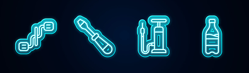 Set line Bicycle pedals, Screwdriver, air pump and Sport bottle with water. Glowing neon icon. Vector.