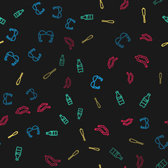 Set line Sport cycling sunglasses, bottle with water, Screwdriver and Bicycle fork on seamless pattern. Vector.