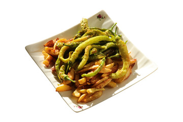 French fries and peppers. Food background.