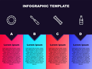 Set line Bicycle wheel tire, Screwdriver, suspension and Sport bottle with water. Business infographic template. Vector.