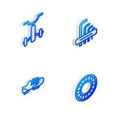 Set Isometric line Tool allen keys, Bicycle for kids, shoes and ball bearing icon. Vector.