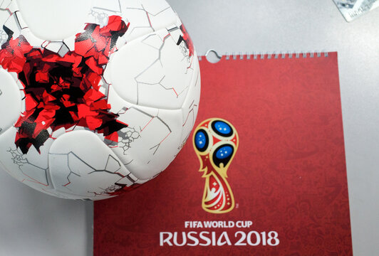 September 14, 2017. Moscow, Russia Official ball of the 2018 FIFA World Cup Adidas Krasava and a calendar with the symbols of the World Cup 2018