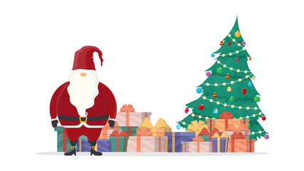 Santa claus with a mountain of gifts and a christmas tree. Old man with white beard in red clothes isolated on white background. For the design of postcards, banners and den books. Vector.