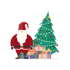Santa claus with a mountain of gifts and a christmas tree. Old man with white beard in red clothes isolated on white background. Vector.
