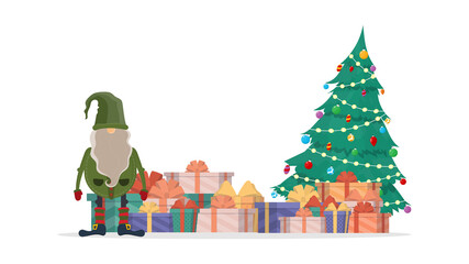 Christmas gnome with a tree and gifts. Small man with a beard in green clothes. A mountain of gifts. Vector.