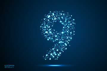 Abstract number nine, figure 9, consisting of triangles, circles, spots of decay, stars. Vector eps 10.