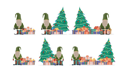 Set of Christmas gnomes with a mountain of gifts and a Christmas tree. Vector.