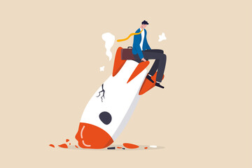 Fail start up business, new business risk or unexpected entrepreneur bankruptcy concept, depressed businessman company owner sitting on crash launching space rocket metaphor of new business failure. - obrazy, fototapety, plakaty