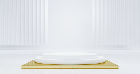 Blank white cylinder podium on white background, showcase for product. 3D render