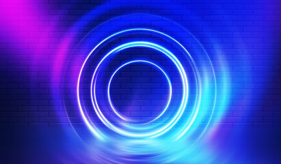 Neon shapes on a dark brick wall. Ultraviolet lighting. Brick wall, concrete floor. 3d illustration