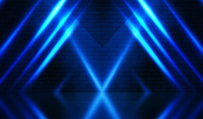 Neon shapes on a dark brick wall. Blue toned background. Brick wall, concrete floor. 3d illustration