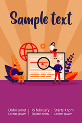 Programmers testing applications. Developers using laptops and fixing bugs with magnifying glass. Can be used for quality assurance software, programming, coding, app development, service concept