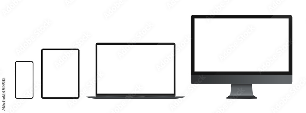 Poster mockup of computer devices with blank screens. unbranded smartphone, tablet, laptop and monitor. rea