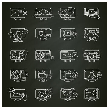 Video production chalk icons set. Collection of signs for video call, web conference, digital marketing, film production and vlogging. Isolated vector illustrations collection on chalkboard