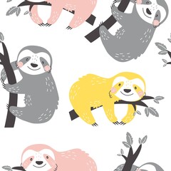 Seamless pattern with colored sloth babies on a white background. Vector illustration in a modern cartoon style, for printing on packaging paper, postcard, poster, banner, clothing.