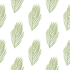 Isolated seamless doodle pattern with green fir branches ornament. White background. Simple design.