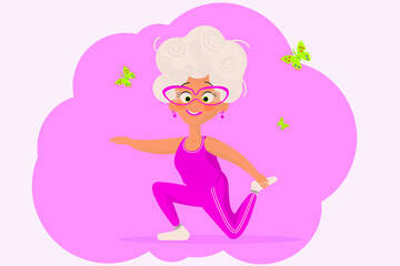 Obraz premium Gymnastics for the elderly. Grandma is doing yoga exercises. An older woman leads an active lifestyle. Leisure of a pensioner