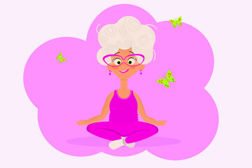 Gymnastics for the elderly. Grandma is doing yoga exercises. An older woman leads an active lifestyle. Leisure of a pensioner