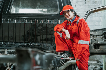 portrait of a young woman working as an auto mechanic in a garage