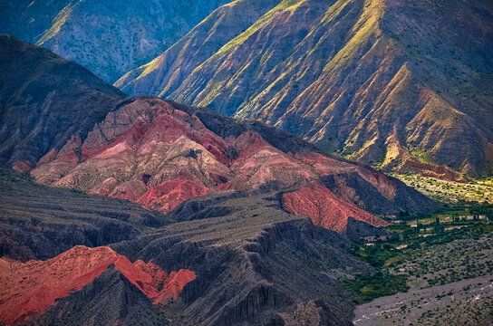 Photo of the valley landscape view from the path to the Garganta del Diablo in Tilcara, Jujuy, Argentina. Quebrada de Humahuaca