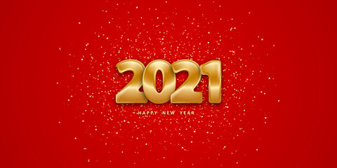 Happy new year 2021. Festive red background with golden numbers 3D and glitter. Backdrop with tinsel. Luxury flyer with confetti. Vector illustration. Holiday banner. Design poster, wallpaper.