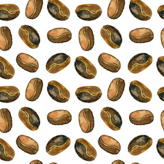 Seamless watercolor pattern of coffee, arabica,  caffeine, caffè bar, coffee beans.