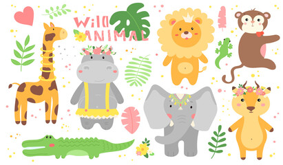 vector Safari set of African animals,leaves in flat hand drawn style.kid's collection of cute characters for design,gift cards,web.isolated on white background.baby illustration of mammals in jungle.