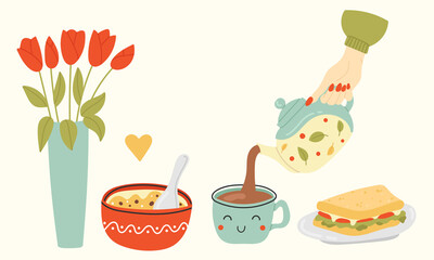 vector hand drawn illustration of Breakfast in flat and cartoon style. the morning ceremony. healthy food. hand pours tea. oatmeal, sandwich, teapot, bouquet of flowers.isolated on beige background.
