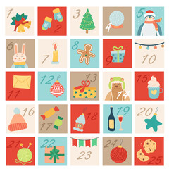 hand drawn vector holiday advent calendar. Christmas poster with festive characters and celebrate  elements in flat,cartoon style.scandinavian set.