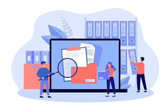 People taking documents from shelves, using magnifying glass and searching files in electronic database. Vector illustration for archive, information storage concept