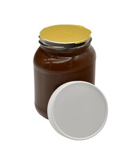 Ein neutrales Glas mit Nussnougatcreme und offenem Deckel