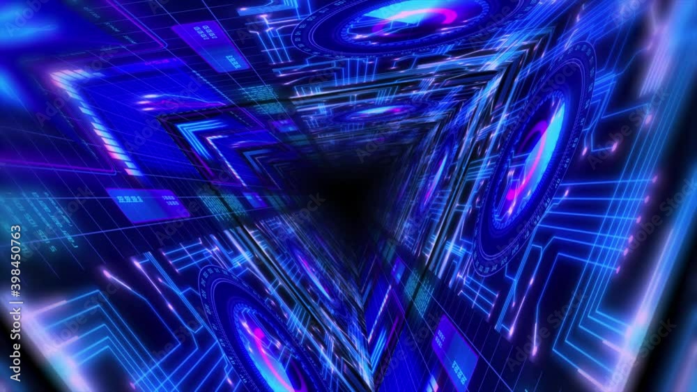 Wall mural abstract background flight through neon light digital tunnel loop