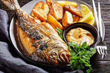 grilled fish with potato on a plate