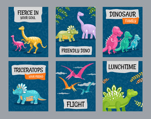 Positive greeting card designs with funny dinos. Creative postcards for children with text and colorful dinosaurs. Creatures and fossil reptiles concept. Template for promotional postcard or brochure © Bro Vector