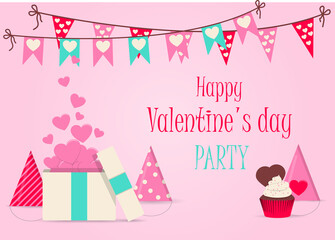 Valentine s day greeting card with hearts and love wishes. Flat vector illustration for sale, online store, delivery of goods for the holiday. Invitation flyer in pink, red, and blue. Images with a