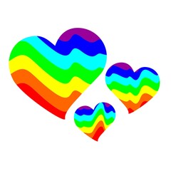 Vector illustration of three hearts. Abstract image depicting mountains or sea waves in colors of rainbow. Multicolored background