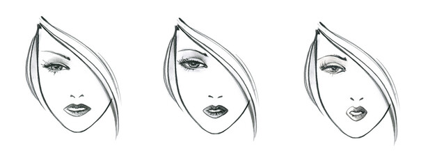 Different shape of the woman's face, eyes and lips. Fashion illustration of a slate pencil. Isolated on white background