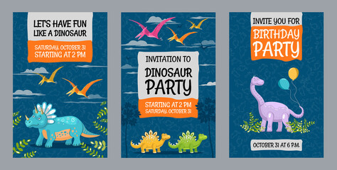Creative dinosaur party invitation designs. Trendy big holiday invitations with text and dinos. Creatures and fossil reptiles concept. Template for leaflet, banner or flyer © Bro Vector