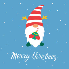 Fototapeta premium Greeting card with Christmas gnome. Merry Christmas handwritten lettering, Vector xmas illustration. Design for greeting cards and poster.
