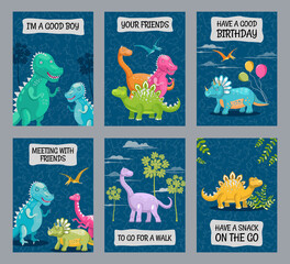 Bright brochure designs with cute dinos. Colored smiling dinosaurs on blue background. Creatures and fossil reptiles concept. Template for promotional leaflet or flyer © Bro Vector