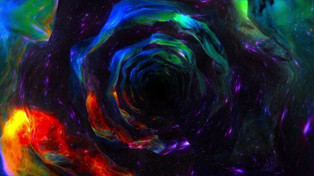 Abstract background flight through neon light wormhole subspace tunnel loop