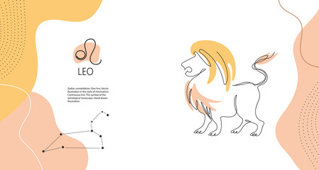 Zodiac background. Leo constellation. Fire element. Horizontal banner.