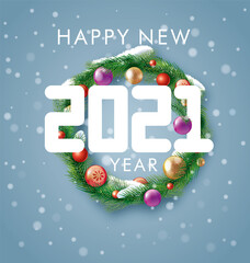 Happy New 2021 Year and Christmas wreath vector design concept