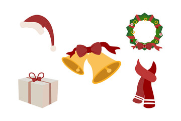 new year and christmas flat bells, new year wreath, gift, new year hat and scarf, vector illustration