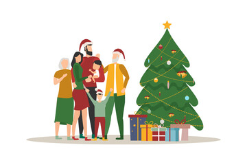 People decorate the Christmas tree with decorations, happy family near the Christmas tree and gifts, merry christmas, vector illustration