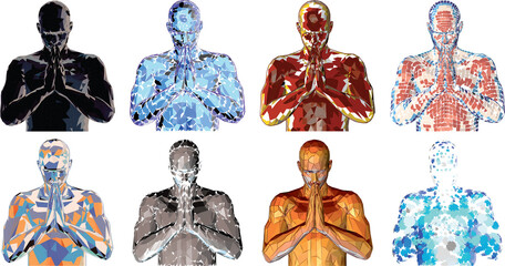 Prayer. Namaste. Vector set of man with folded palms and bowed head. Front view, different techniques