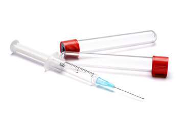 Fototapeta premium Medical syringe and plastic test tube isolated on white background
