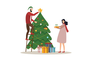 People decorate the Christmas tree with decorations, happy family near the Christmas tree and gifts, merry christmas, vector illustration