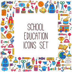 School education doodle cartoon colorful vector icons square framedesign