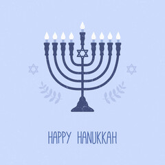 Happy Hanukkah. Greeting card. Menorah on blue background. Vector